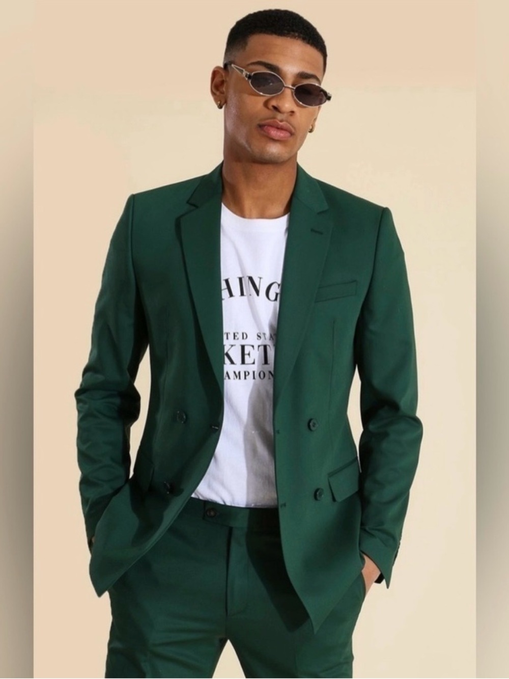 BOOHOO - Men's Double-Breasted Skinny Forest Green Blazer Suit Jacket
